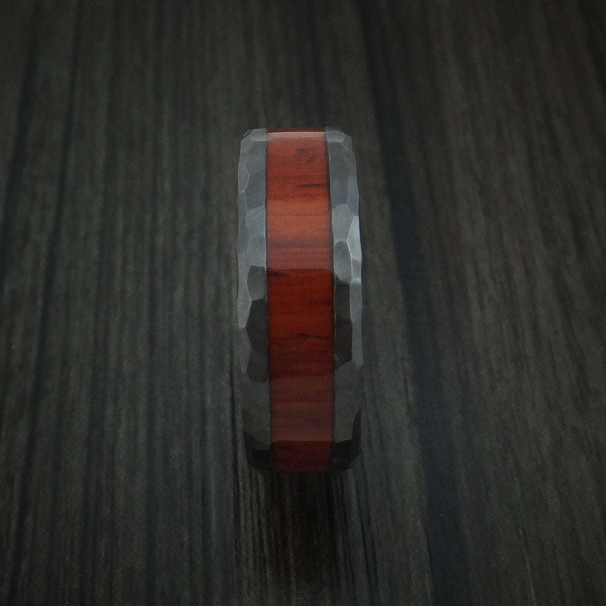 Orion XII - Black Zirconium Rock Hammered Padauk Hard Wood Men's Wedding Ring Band - view 3 - Nura Lab