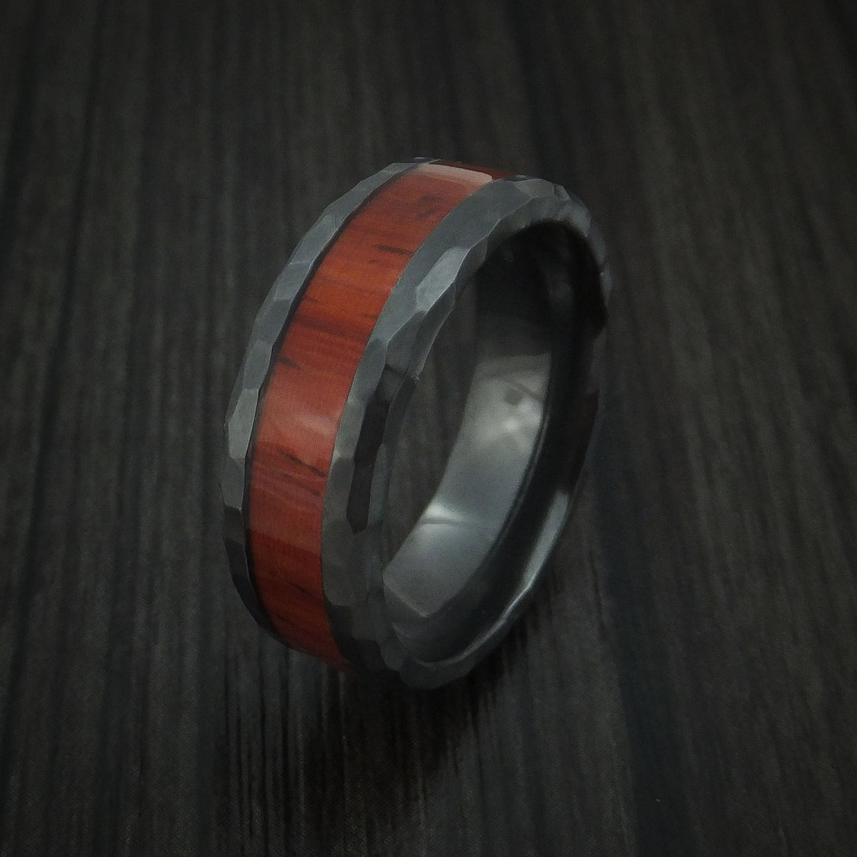 Orion XII - Black Zirconium Rock Hammered Padauk Hard Wood Men's Wedding Ring Band - view 4 - Nura Lab