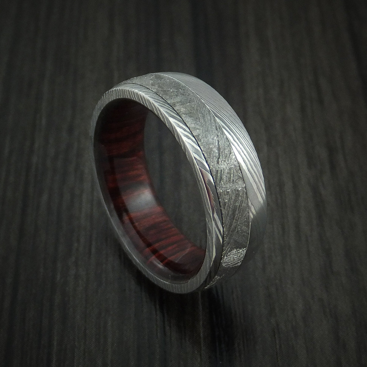 Echelon X - Damascus Steel Wedding Ring with Gibeon Meteorite and Red Heart Wood Hardwood Sleeve Band - Nura Lab