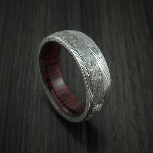 Echelon X - Damascus Steel Wedding Ring with Gibeon Meteorite and Red Heart Wood Hardwood Sleeve Band - Nura Lab