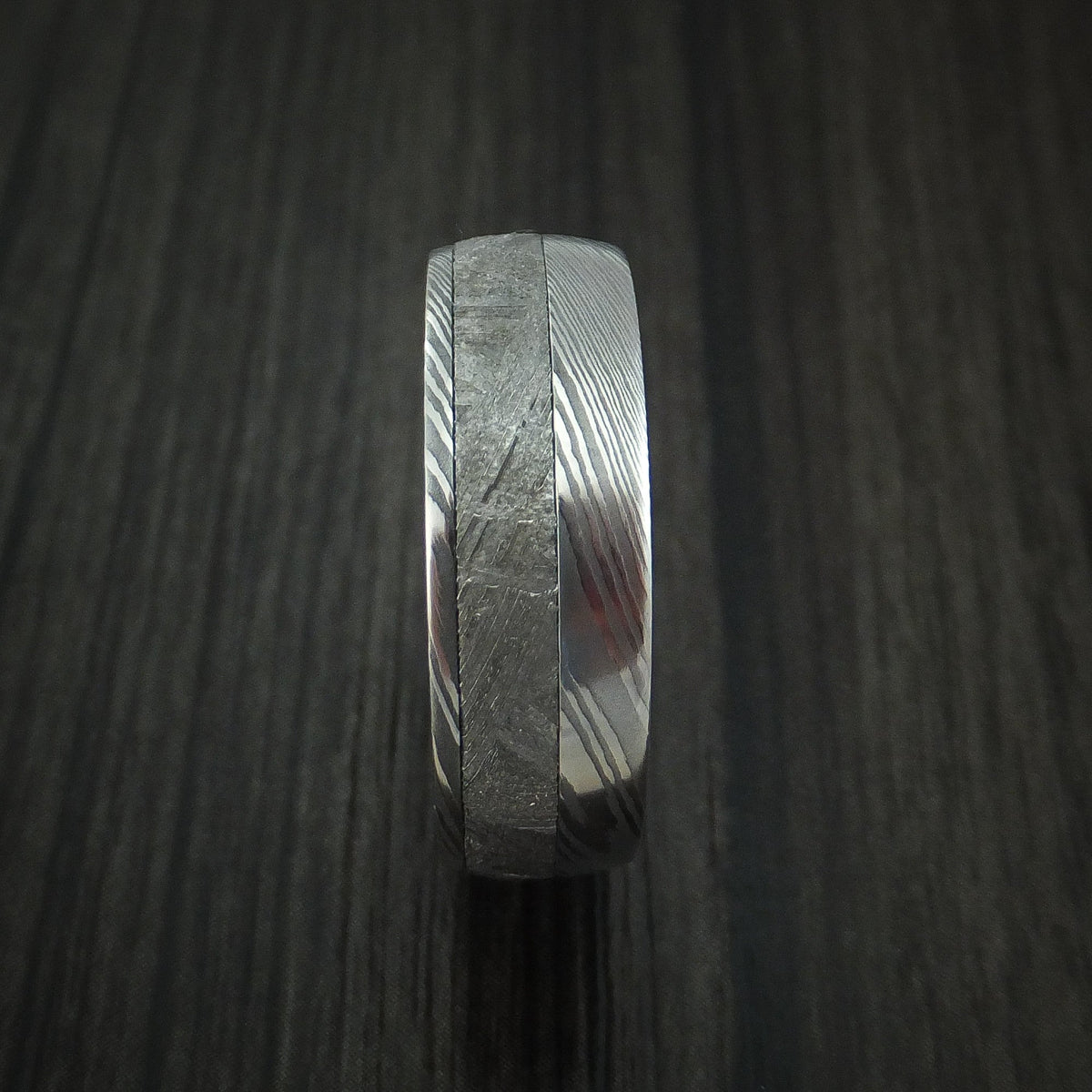 Echelon X - Damascus Steel Wedding Ring with Gibeon Meteorite and Red Heart Wood Hardwood Sleeve Band - view 3 - Nura Lab