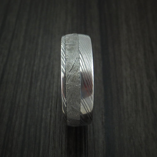 Echelon X - Damascus Steel Wedding Ring with Gibeon Meteorite and Red Heart Wood Hardwood Sleeve Band - view 3 - Nura Lab