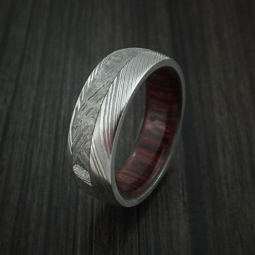 Echelon X - Damascus Steel Wedding Ring with Gibeon Meteorite and Red Heart Wood Hardwood Sleeve Band - view 4 - Nura Lab