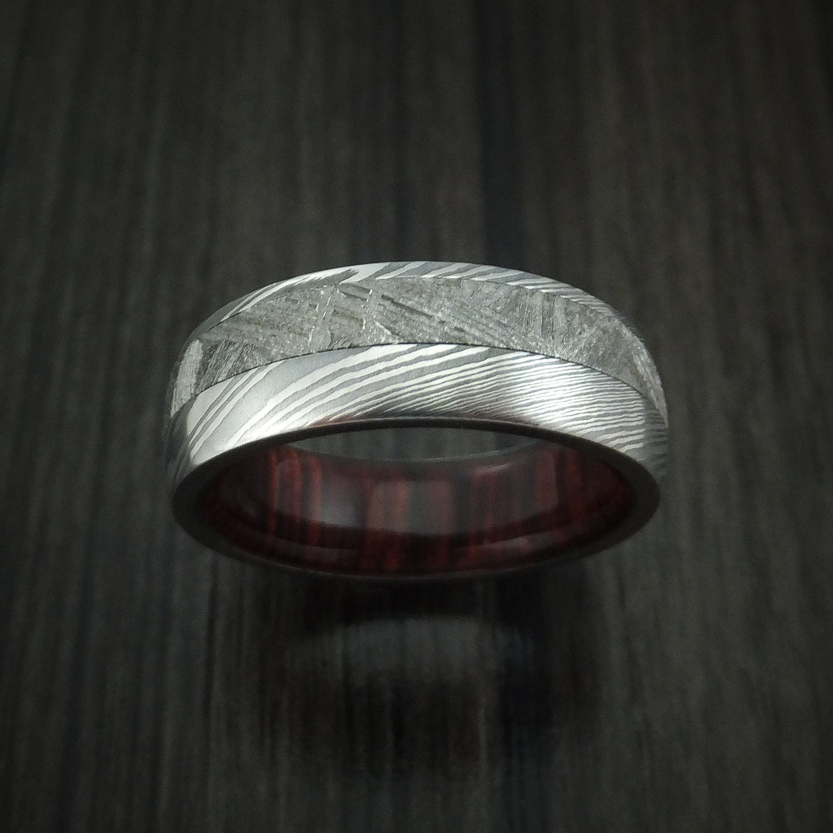 Echelon X - Damascus Steel Wedding Ring with Gibeon Meteorite and Red Heart Wood Hardwood Sleeve Band - view 2 - Nura Lab
