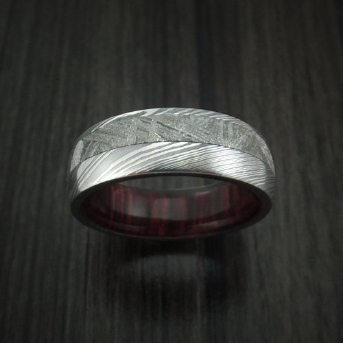 Echelon X - Damascus Steel Wedding Ring with Gibeon Meteorite and Red Heart Wood Hardwood Sleeve Band - view 2 - Nura Lab