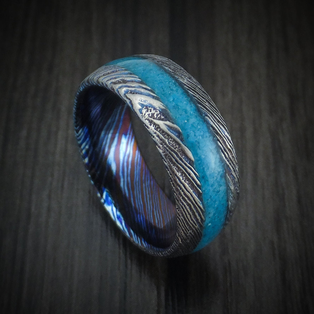 Echelon VI - Kuro-Ti Heat-Treated Titanium Damascus Men's Wedding Ring with Stone Inlay Band - Nura Lab