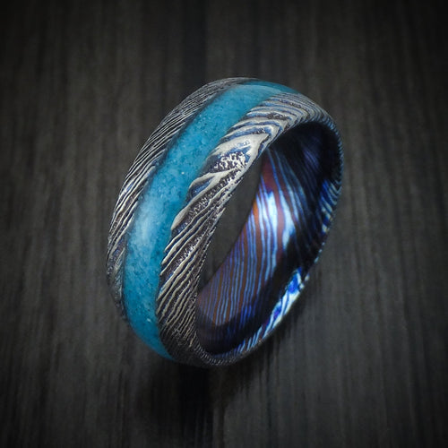 Echelon VI - Kuro-Ti Heat-Treated Titanium Damascus Men's Wedding Ring with Stone Inlay Band - view 4 - Nura Lab