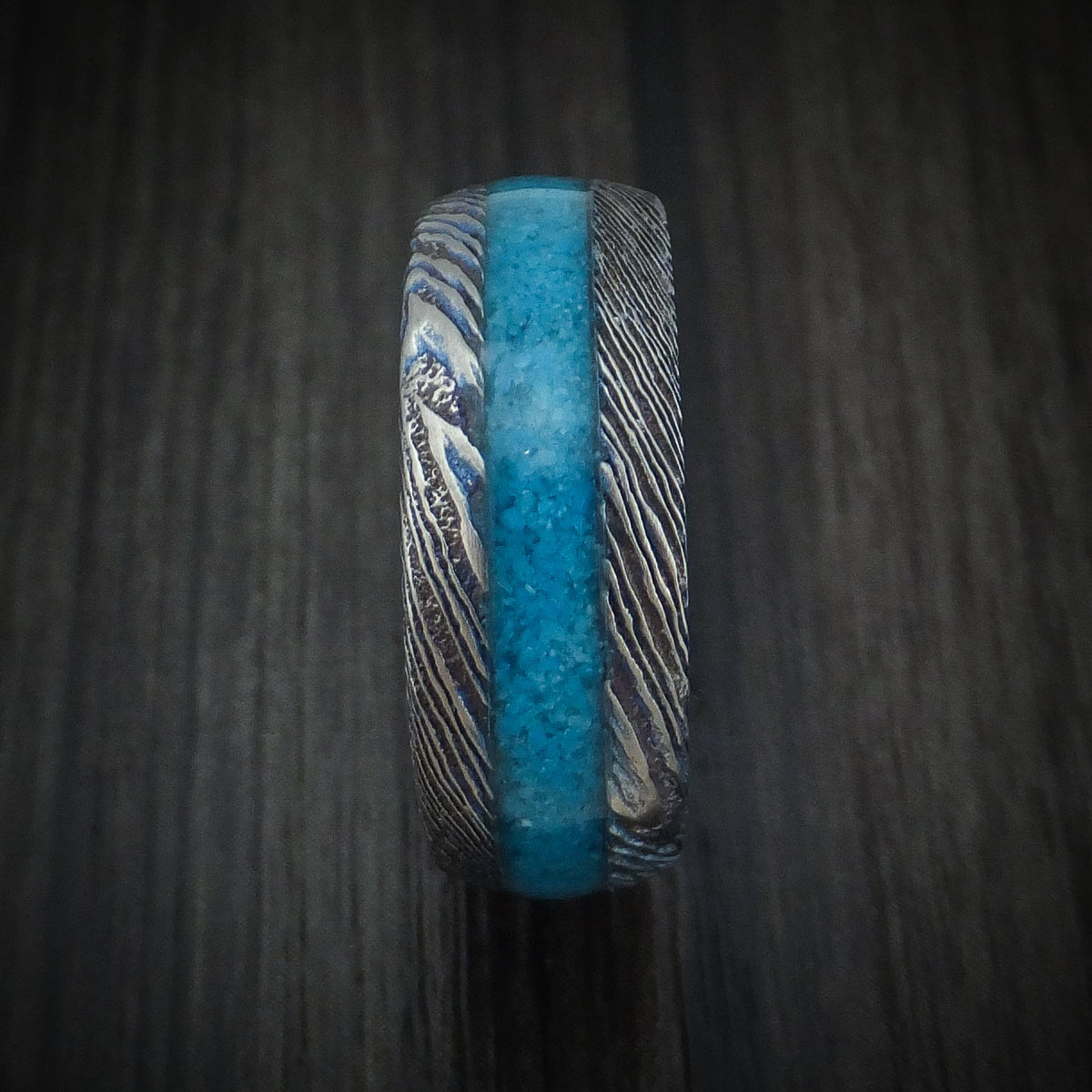 Echelon VI - Kuro-Ti Heat-Treated Titanium Damascus Men's Wedding Ring with Stone Inlay Band - view 3 - Nura Lab