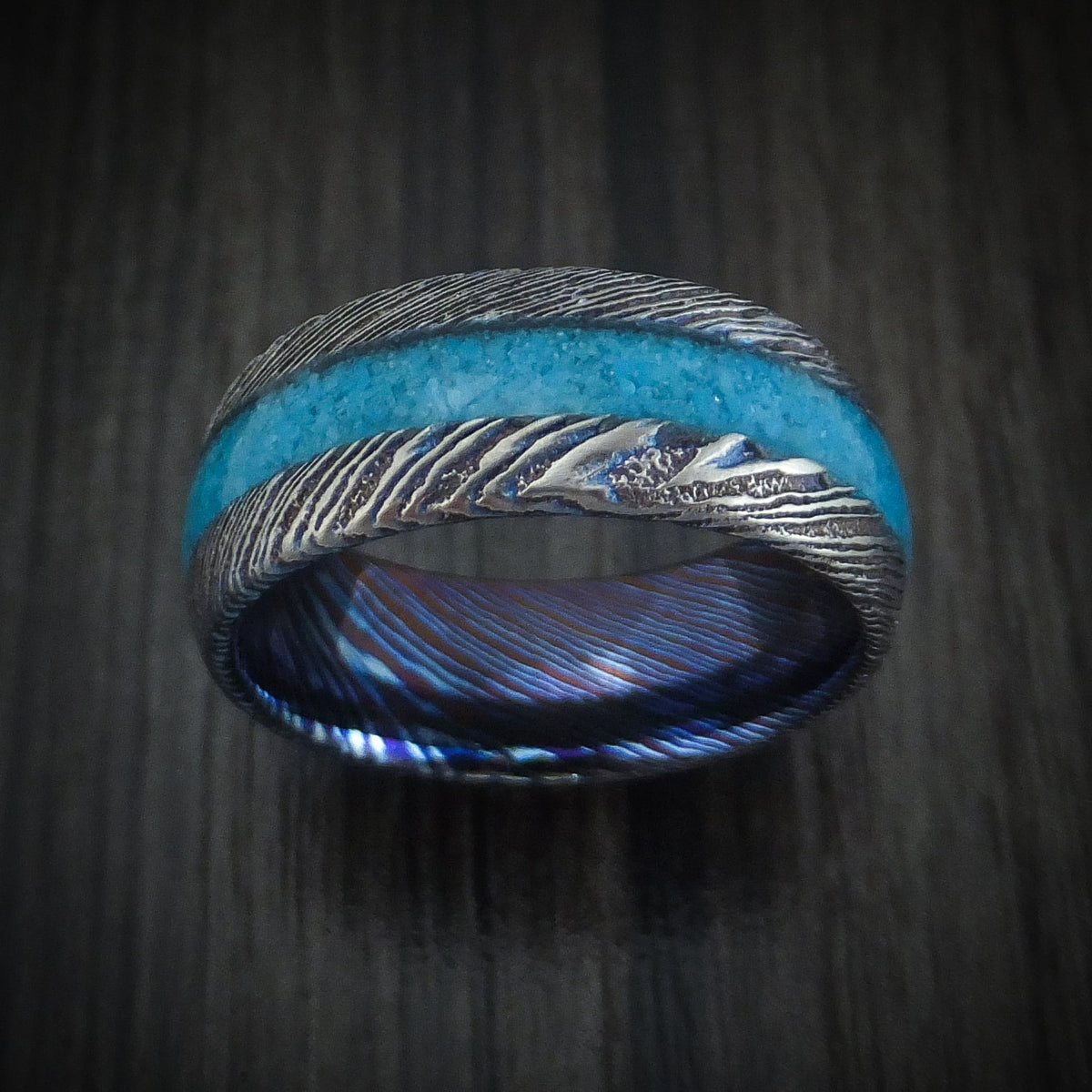 Echelon VI - Kuro-Ti Heat-Treated Titanium Damascus Men's Wedding Ring with Stone Inlay Band - view 2 - Nura Lab