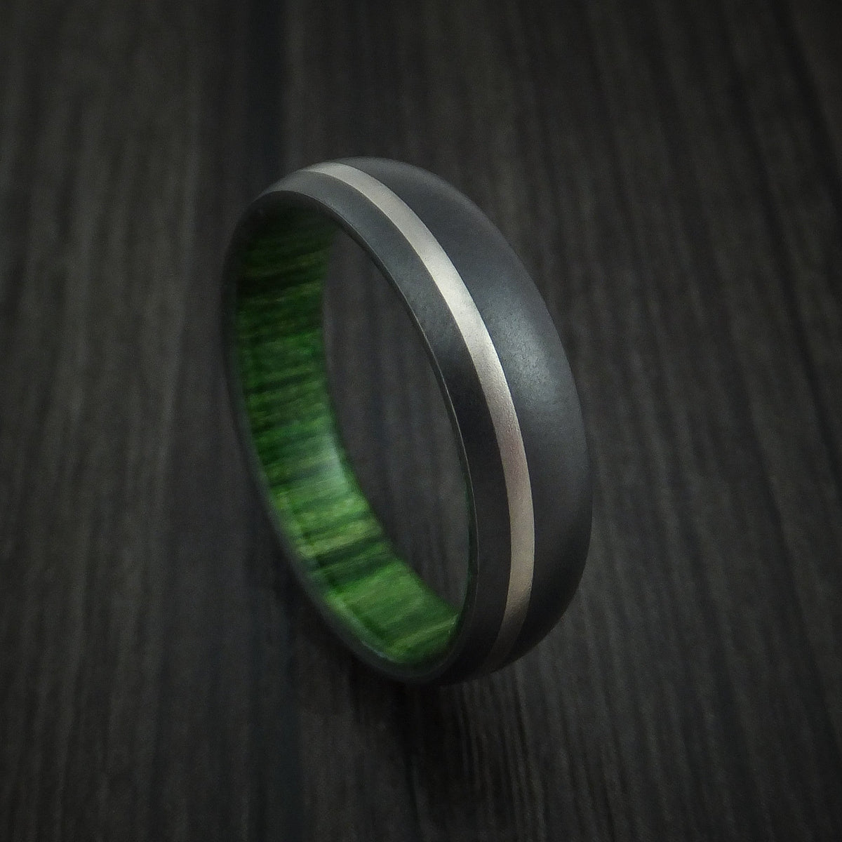 Ash XII - Black Zirconium Men's Wedding Ring with Platinum Inlay and Jade Wood Sleeve - Nura Lab
