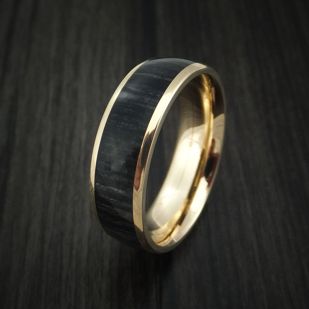 Highland XIII - Yellow Gold Men's Wedding Ring with Charcoal Wood Inlay Band - view 4 - Nura Lab