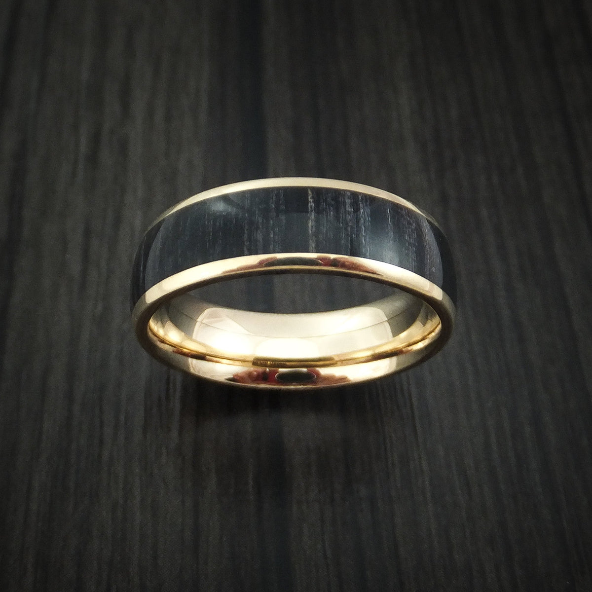 Highland XIII - Yellow Gold Men's Wedding Ring with Charcoal Wood Inlay Band - view 2 - Nura Lab