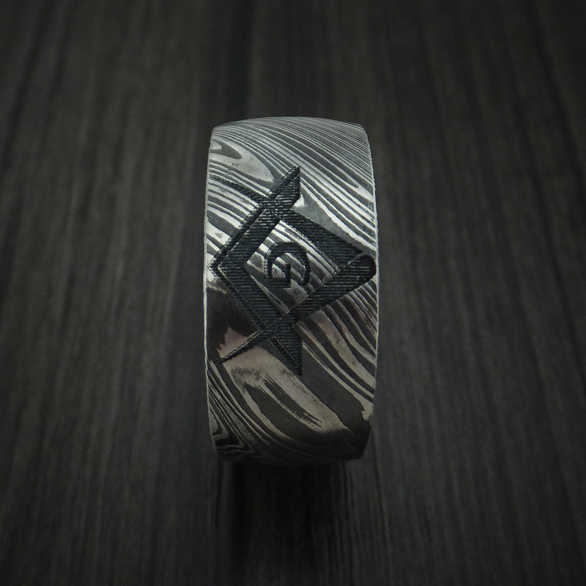Horizon X - Woodgrain Kuro Damascus Steel Masonic Emblem Men's Wedding Ring Band - view 3 - Nura Lab