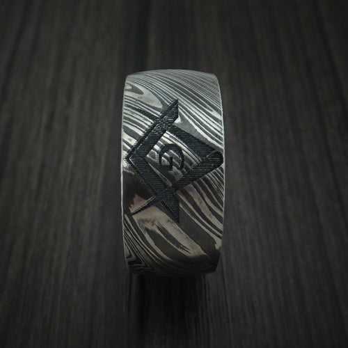Horizon X - Woodgrain Kuro Damascus Steel Masonic Emblem Men's Wedding Ring Band - view 3 - Nura Lab