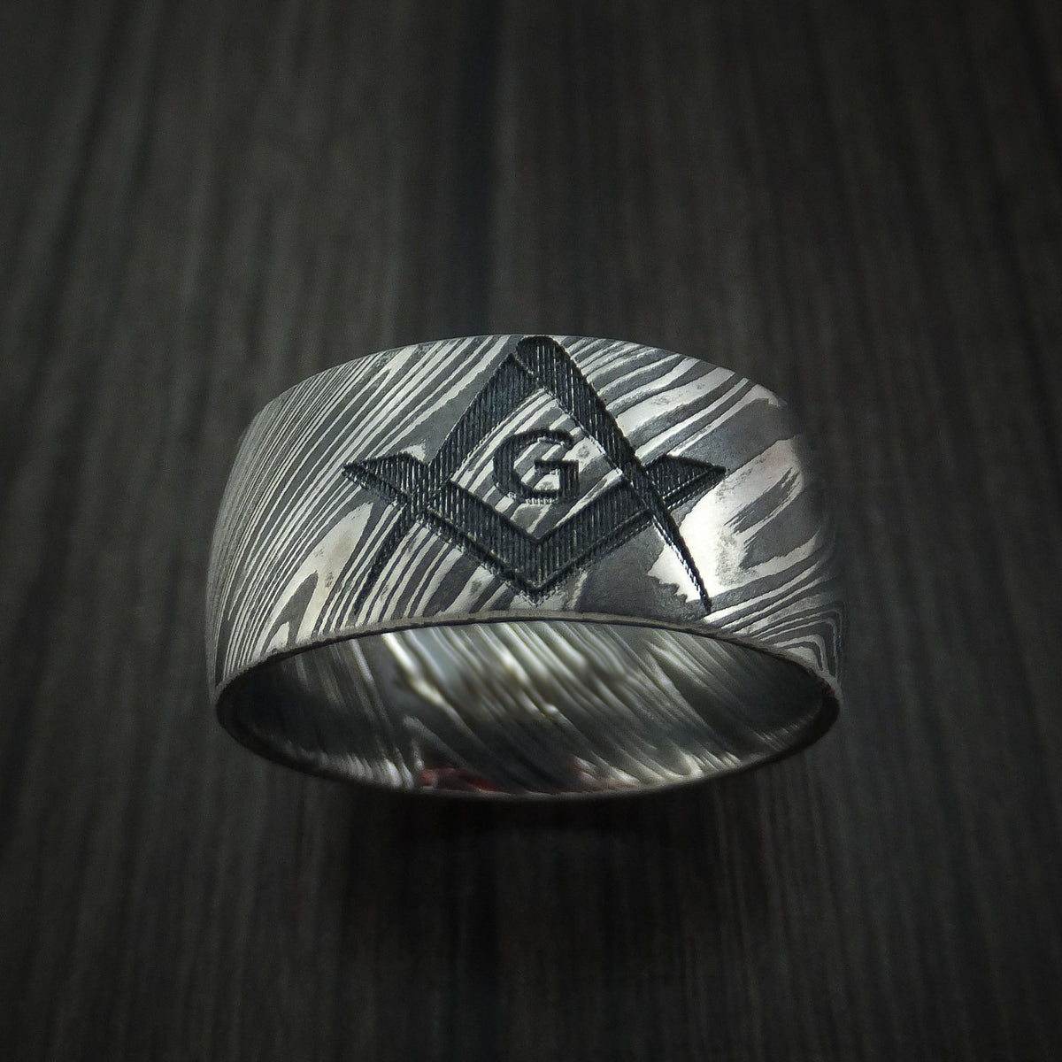 Horizon X - Woodgrain Kuro Damascus Steel Masonic Emblem Men's Wedding Ring Band - view 2 - Nura Lab