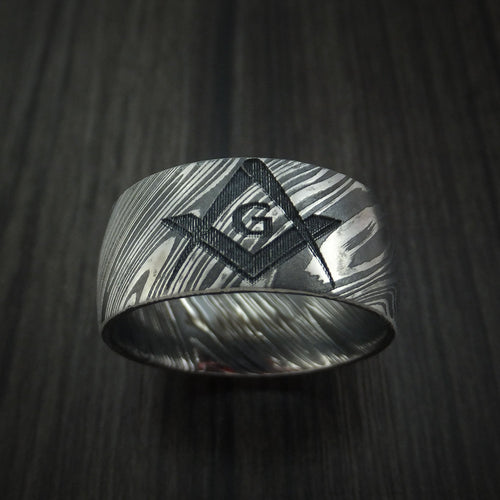 Horizon X - Woodgrain Kuro Damascus Steel Masonic Emblem Men's Wedding Ring Band - view 2 - Nura Lab
