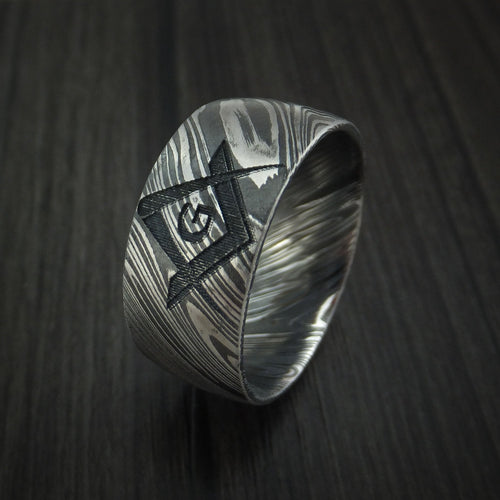 Horizon X - Woodgrain Kuro Damascus Steel Masonic Emblem Men's Wedding Ring Band - view 4 - Nura Lab