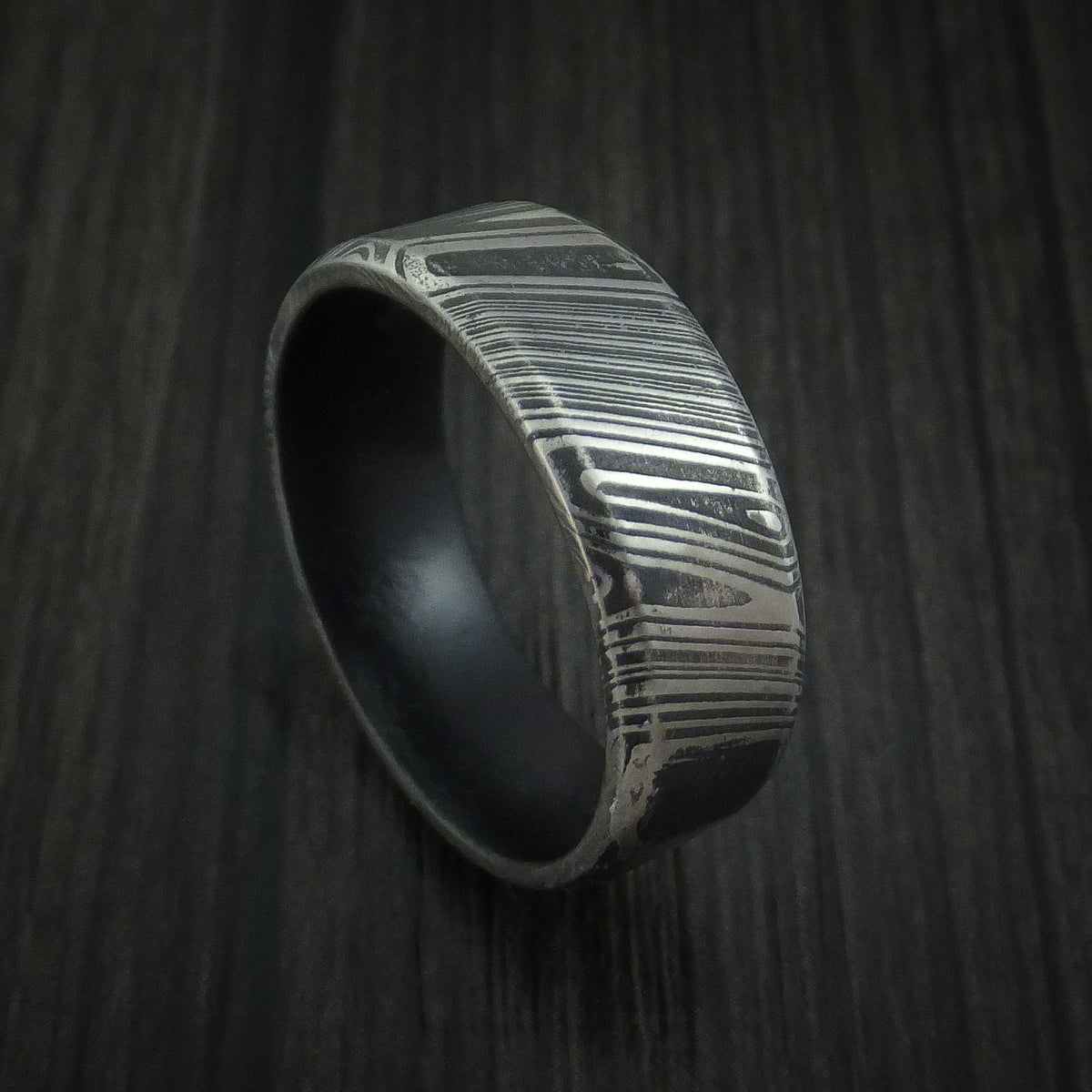 Duke XI - Woodgrain Kuro Damascus Steel Men's Wedding Ring with Dark Grey Cerakote Sleeve Band - Nura Lab