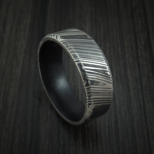 Duke XI - Woodgrain Kuro Damascus Steel Men's Wedding Ring with Dark Grey Cerakote Sleeve Band - Nura Lab