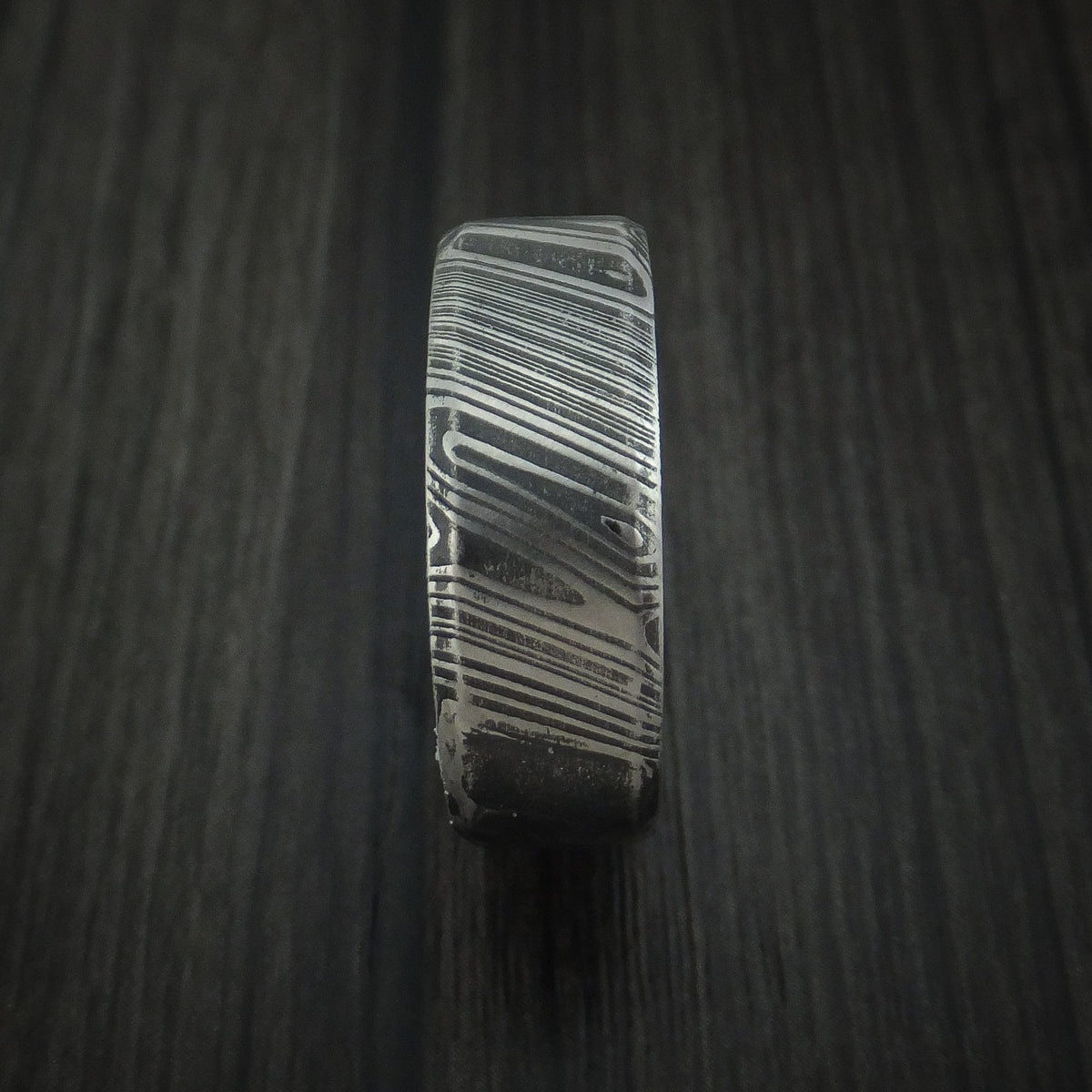 Duke XI - Woodgrain Kuro Damascus Steel Men's Wedding Ring with Dark Grey Cerakote Sleeve Band - view 3 - Nura Lab