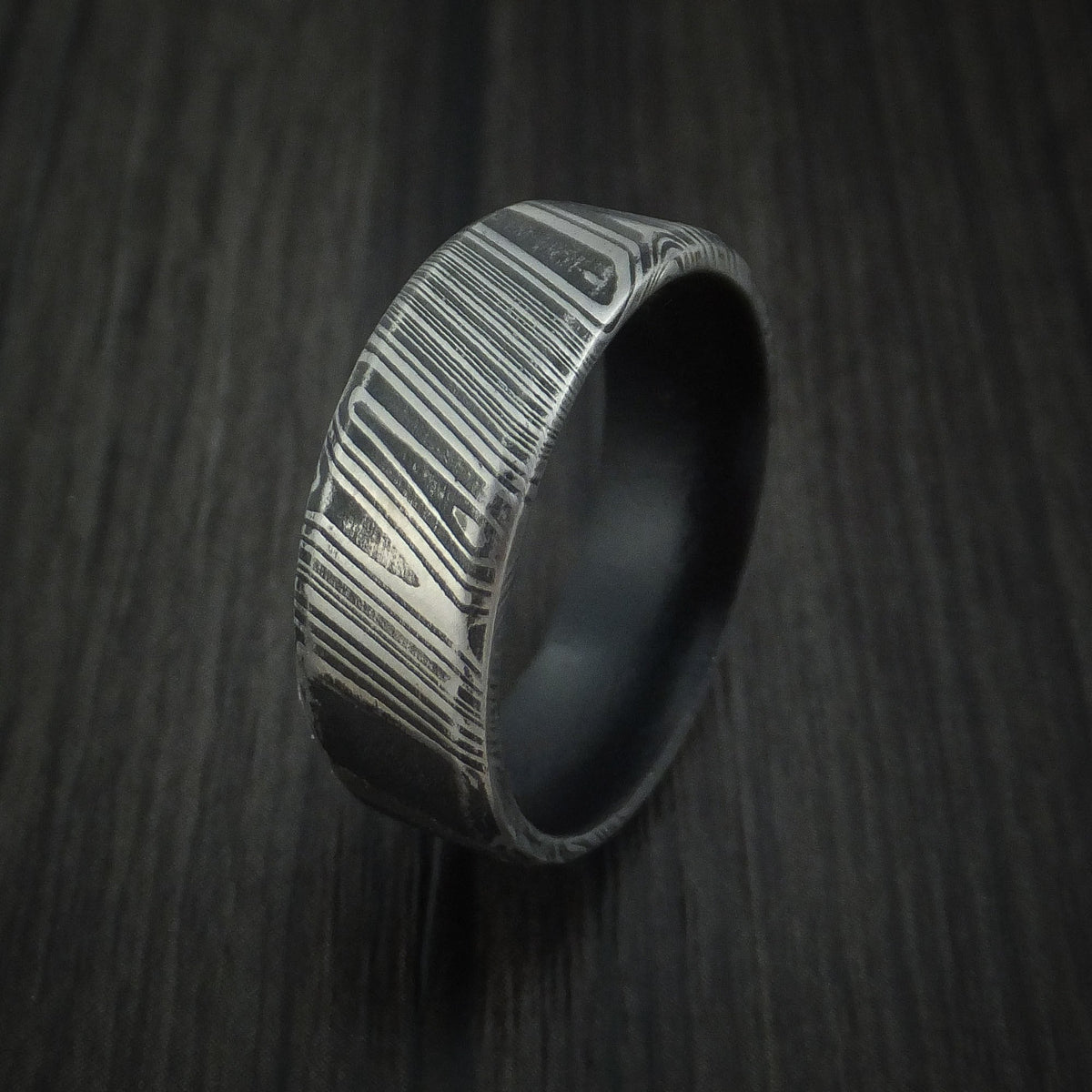 Duke XI - Woodgrain Kuro Damascus Steel Men's Wedding Ring with Dark Grey Cerakote Sleeve Band - view 4 - Nura Lab