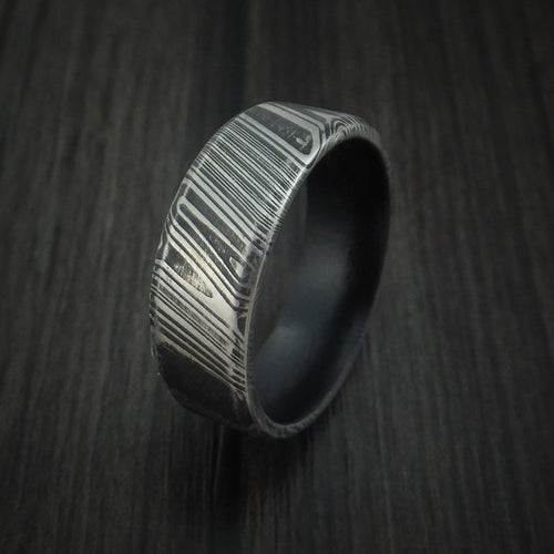 Duke XI - Woodgrain Kuro Damascus Steel Men's Wedding Ring with Dark Grey Cerakote Sleeve Band - view 4 - Nura Lab