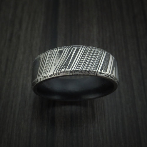 Duke XI - Woodgrain Kuro Damascus Steel Men's Wedding Ring with Dark Grey Cerakote Sleeve Band - view 2 - Nura Lab