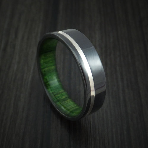 Blackstone XIII - Black Zirconium Men's Wedding Ring with Silver Inlay and Jade Wood Sleeve - Nura Lab