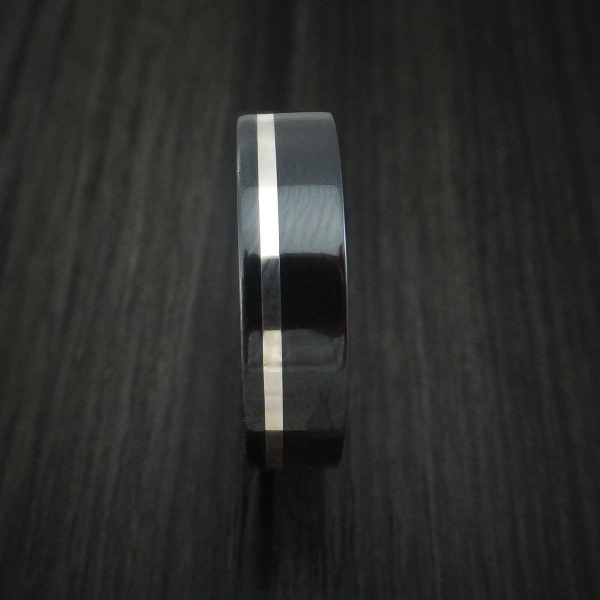 Blackstone XIII - Black Zirconium Men's Wedding Ring with Silver Inlay and Jade Wood Sleeve - view 3 - Nura Lab
