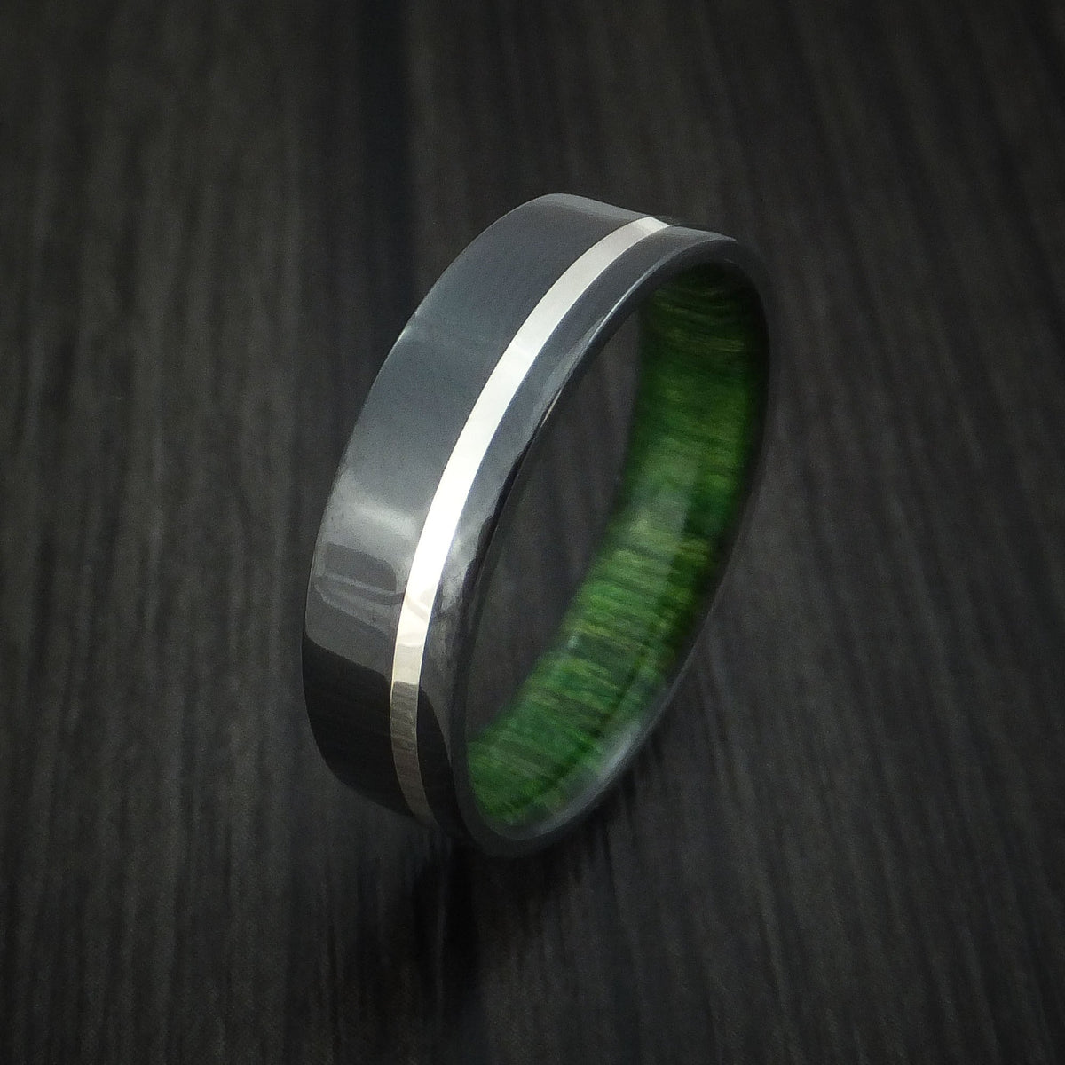 Blackstone XIII - Black Zirconium Men's Wedding Ring with Silver Inlay and Jade Wood Sleeve - view 4 - Nura Lab