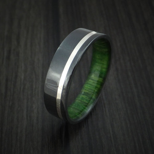 Blackstone XIII - Black Zirconium Men's Wedding Ring with Silver Inlay and Jade Wood Sleeve - view 4 - Nura Lab