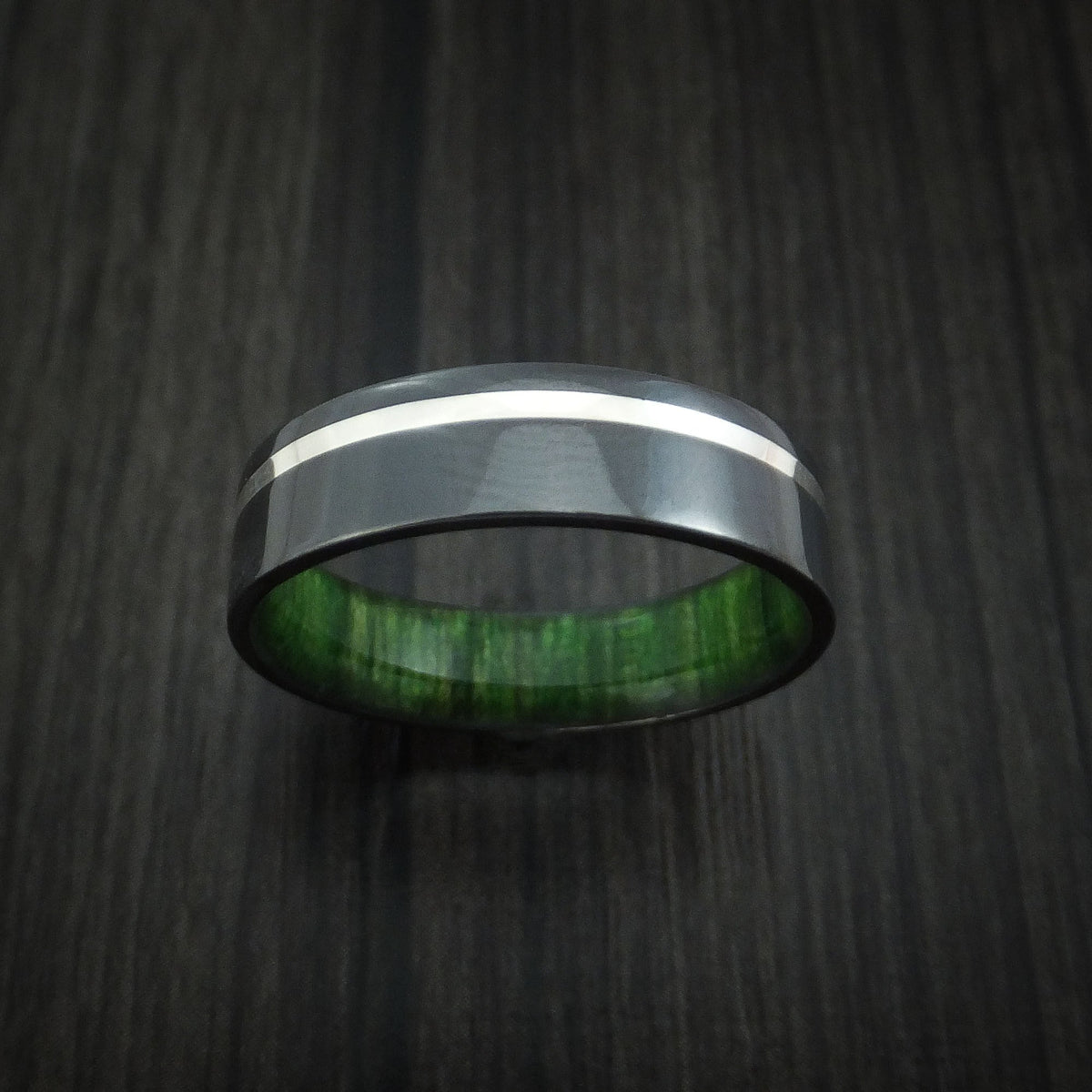 Blackstone XIII - Black Zirconium Men's Wedding Ring with Silver Inlay and Jade Wood Sleeve - view 2 - Nura Lab