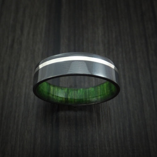 Blackstone XIII - Black Zirconium Men's Wedding Ring with Silver Inlay and Jade Wood Sleeve - view 2 - Nura Lab