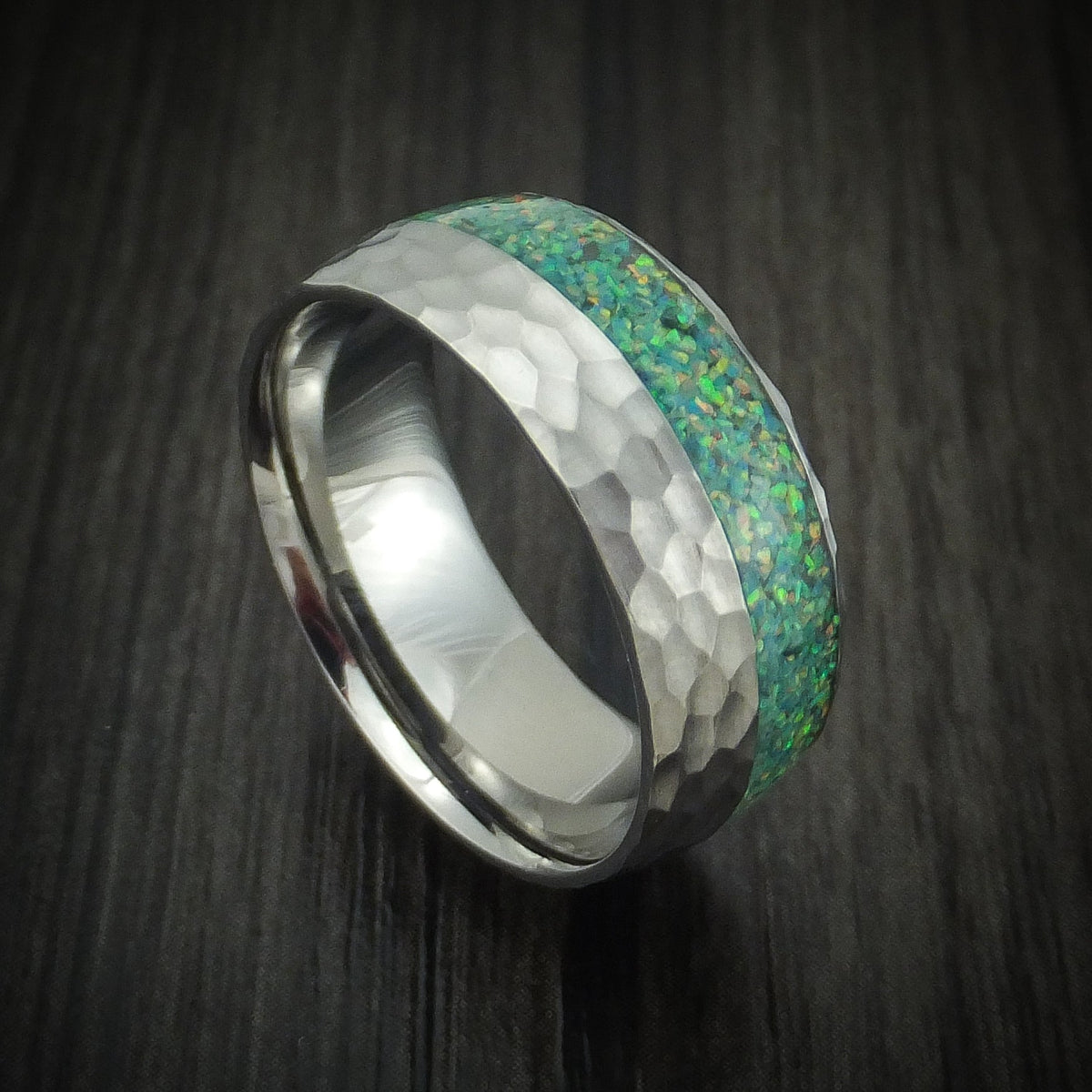 Stronghold IV - Hammered Titanium and Opal Men's Wedding Ring Choose Your Color - Nura Lab