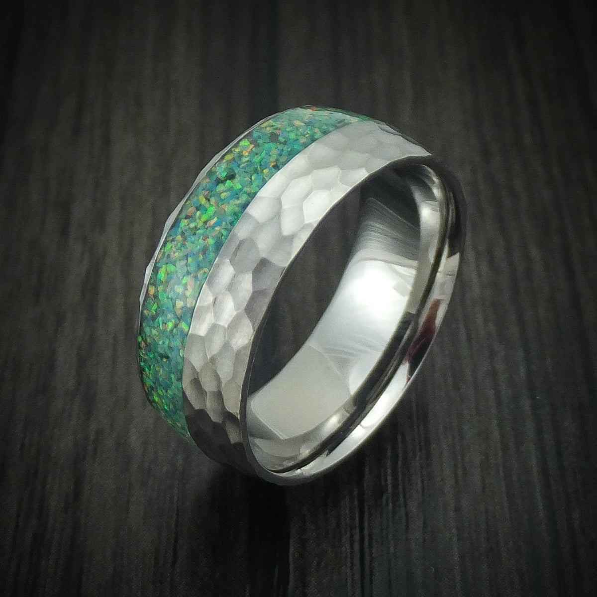 Stronghold IV - Hammered Titanium and Opal Men's Wedding Ring Choose Your Color - view 4 - Nura Lab