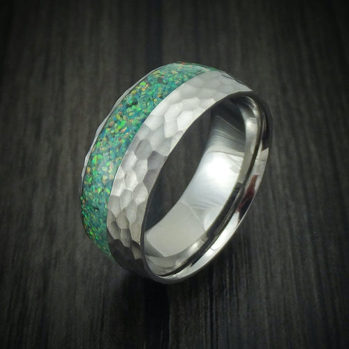 Stronghold IV - Hammered Titanium and Opal Men's Wedding Ring Choose Your Color - view 4 - Nura Lab
