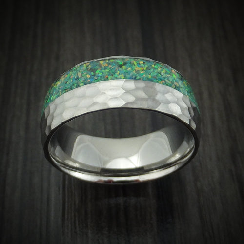 Stronghold IV - Hammered Titanium and Opal Men's Wedding Ring Choose Your Color - view 2 - Nura Lab