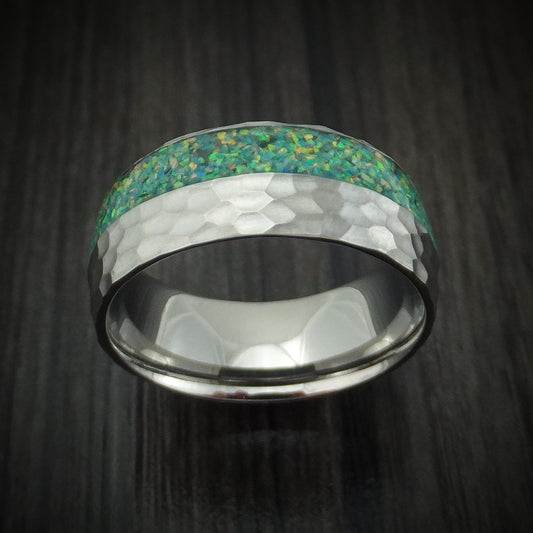 Stronghold IV - Hammered Titanium and Opal Men's Wedding Ring Choose Your Color - view 2 - Nura Lab
