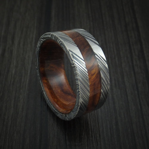 Aoraki IX - Woodgrain Kuro Damascus Steel Men's Wedding Ring with Desert Ironwood Burl Inlay and Sleeve Thick Band - Nura Lab