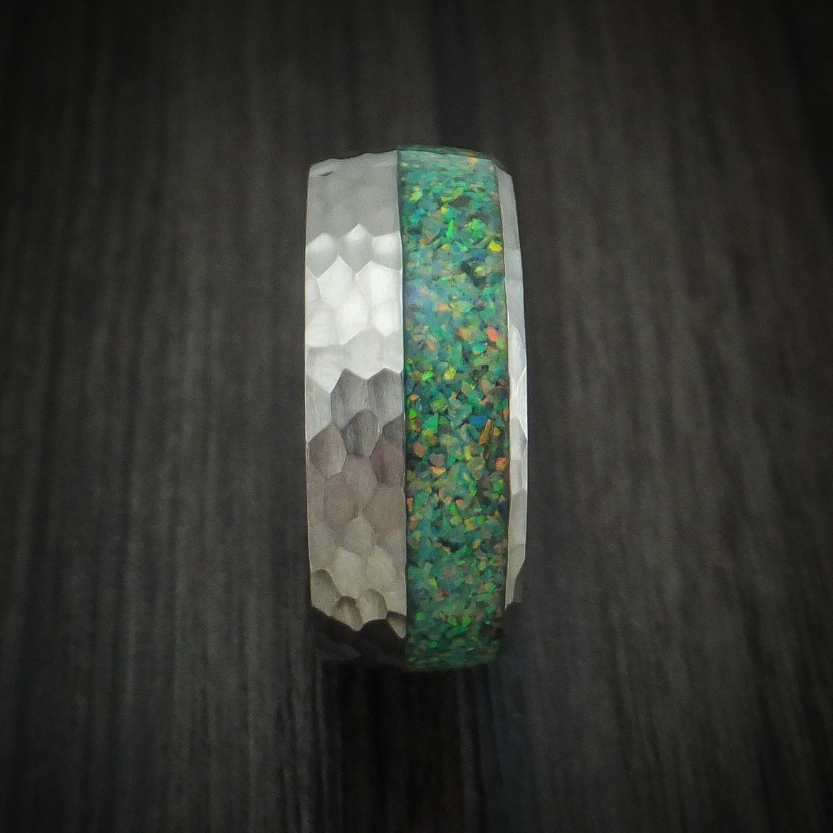 Stronghold IV - Hammered Titanium and Opal Men's Wedding Ring Choose Your Color - view 3 - Nura Lab