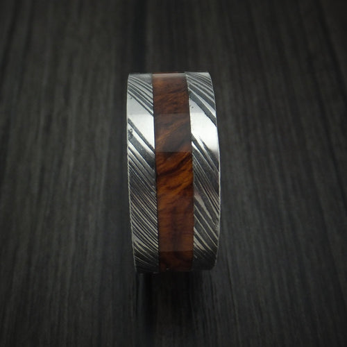 Aoraki IX - Woodgrain Kuro Damascus Steel Men's Wedding Ring with Desert Ironwood Burl Inlay and Sleeve Thick Band - view 3 - Nura Lab