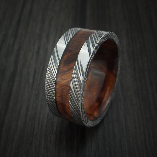 Aoraki IX - Woodgrain Kuro Damascus Steel Men's Wedding Ring with Desert Ironwood Burl Inlay and Sleeve Thick Band - view 4 - Nura Lab