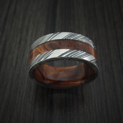 Aoraki IX - Woodgrain Kuro Damascus Steel Men's Wedding Ring with Desert Ironwood Burl Inlay and Sleeve Thick Band - view 2 - Nura Lab