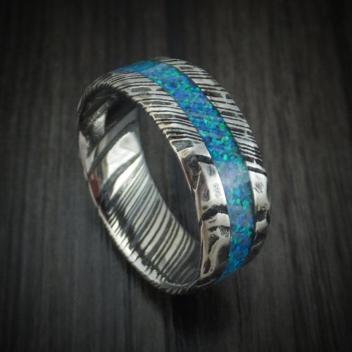 Southern Cross X - Woodgrain Kuro Damascus Steel Rock Hammer Finish Opal Men's Wedding Ring - Nura Lab