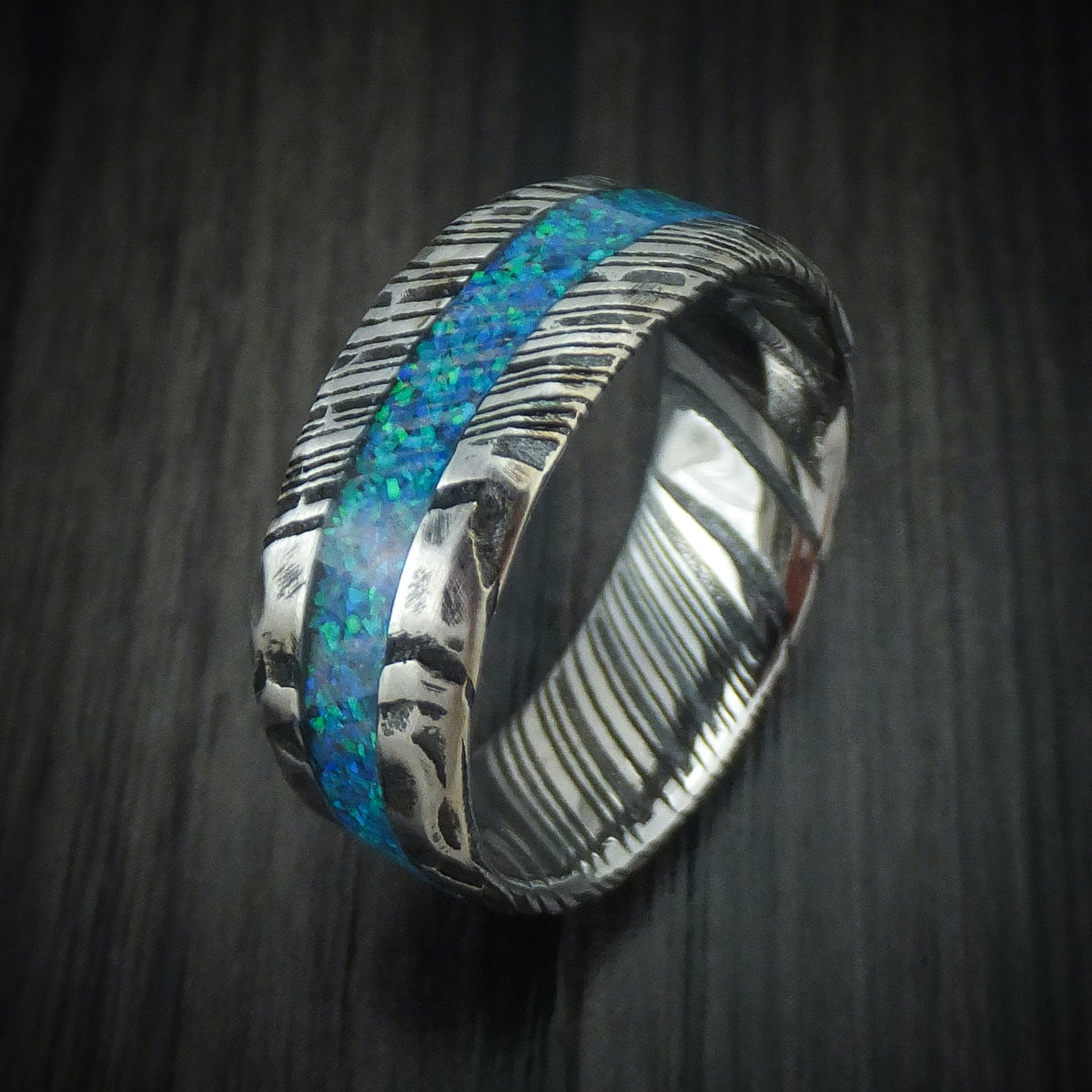 Southern Cross X - Woodgrain Kuro Damascus Steel Rock Hammer Finish Opal Men's Wedding Ring - view 4 - Nura Lab
