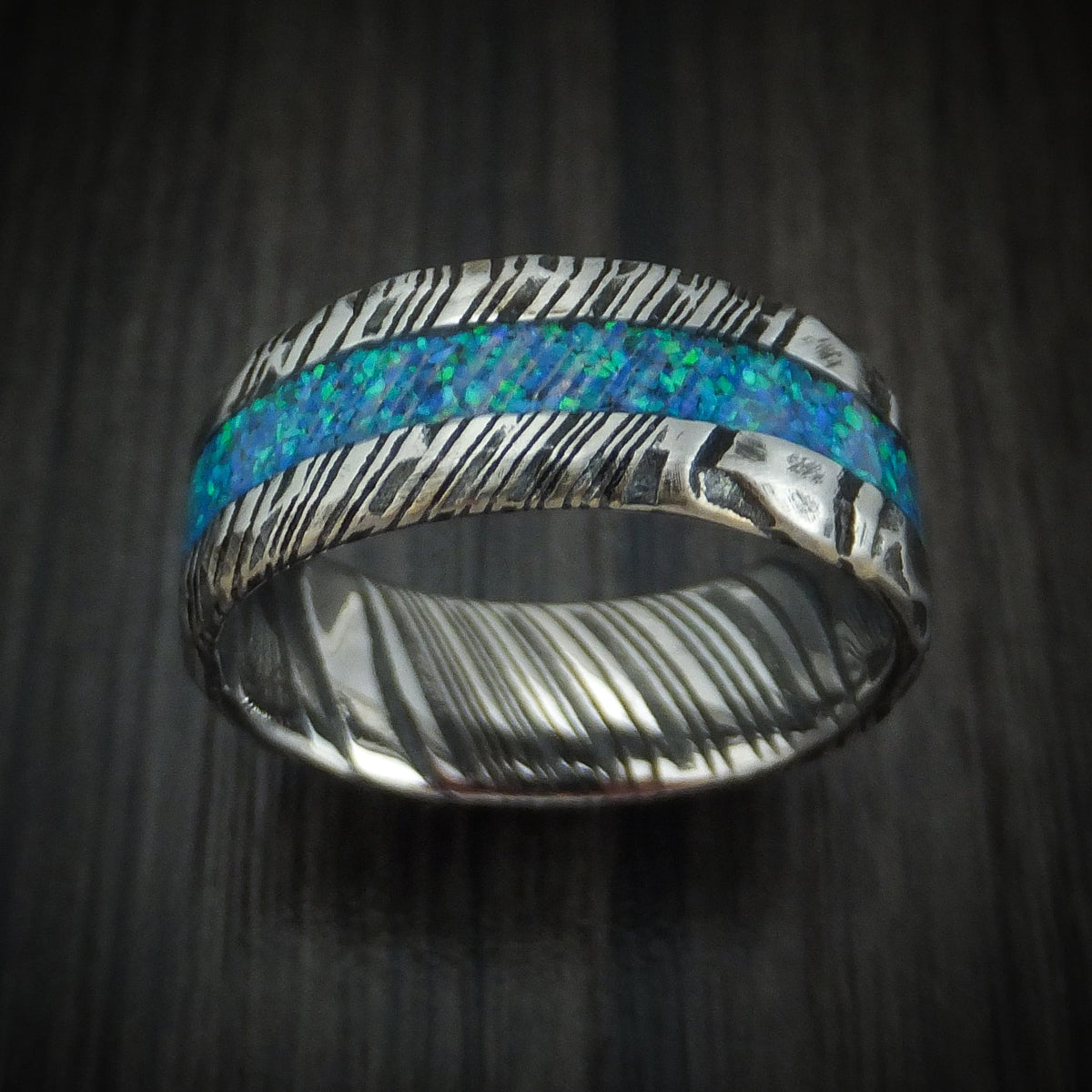 Southern Cross X - Woodgrain Kuro Damascus Steel Rock Hammer Finish Opal Men's Wedding Ring - view 2 - Nura Lab