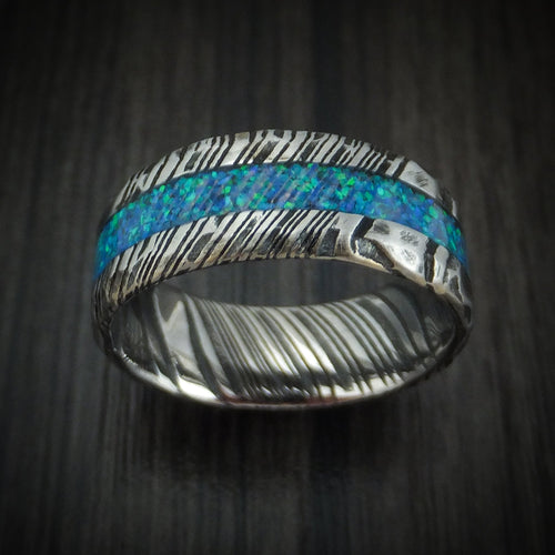 Southern Cross X - Woodgrain Kuro Damascus Steel Rock Hammer Finish Opal Men's Wedding Ring - view 2 - Nura Lab