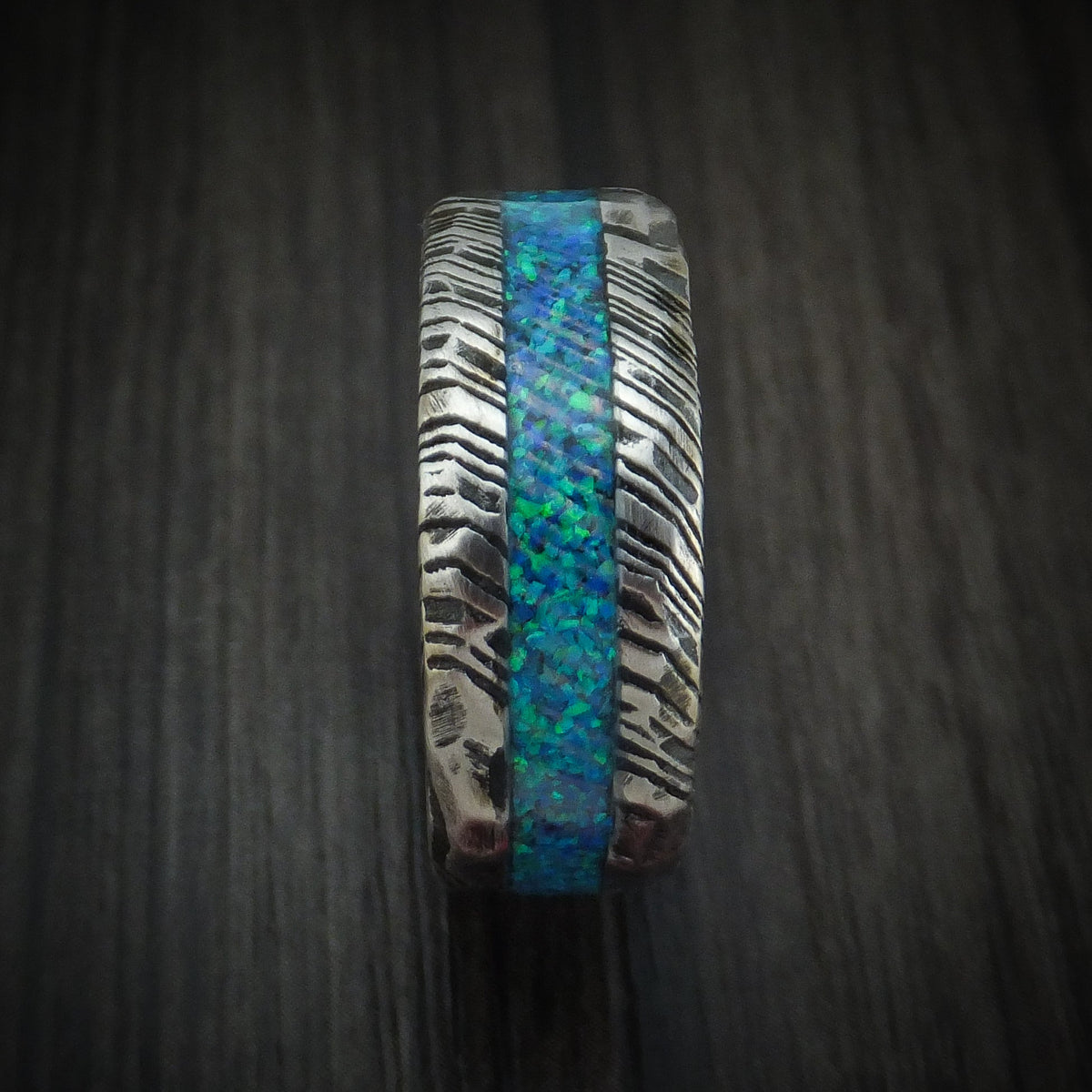 Southern Cross X - Woodgrain Kuro Damascus Steel Rock Hammer Finish Opal Men's Wedding Ring - view 3 - Nura Lab