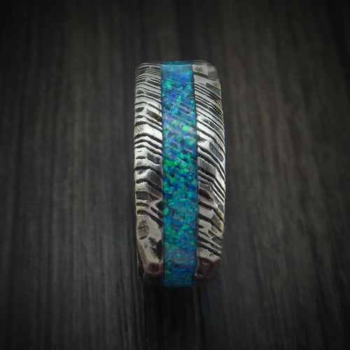 Southern Cross X - Woodgrain Kuro Damascus Steel Rock Hammer Finish Opal Men's Wedding Ring - view 3 - Nura Lab