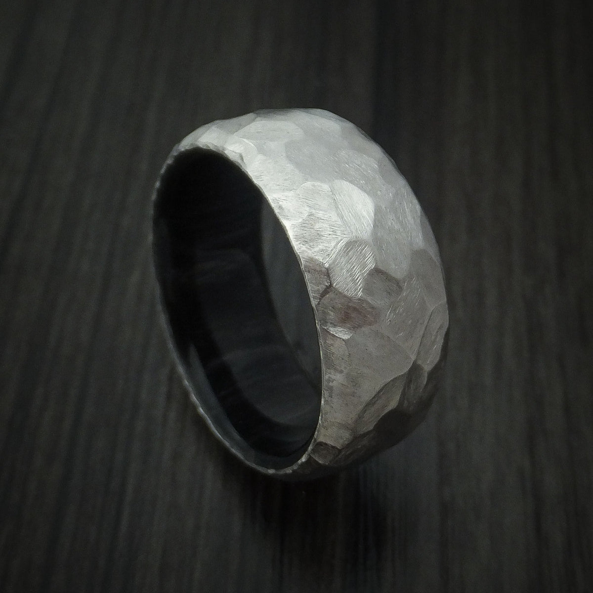Commander XII - Cobalt Chrome and Charcoal Wood Sleeve Men's Wedding Ring Rock Hammer Finish Band - Nura Lab